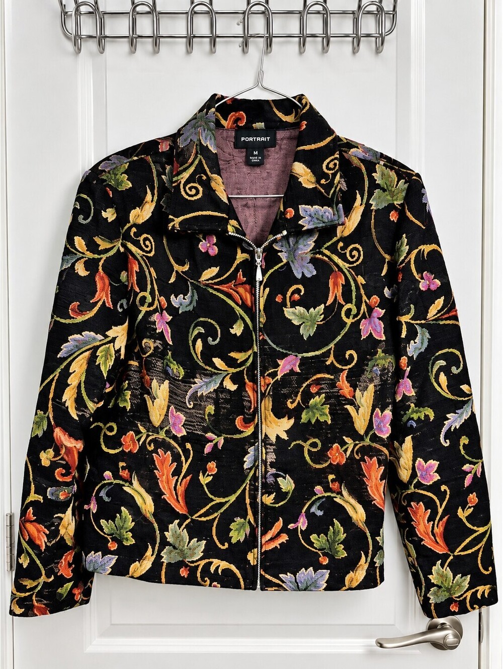 Vintage Portrait Large Black Floral Tapestry Zip Jacket Whimsigoth 90s